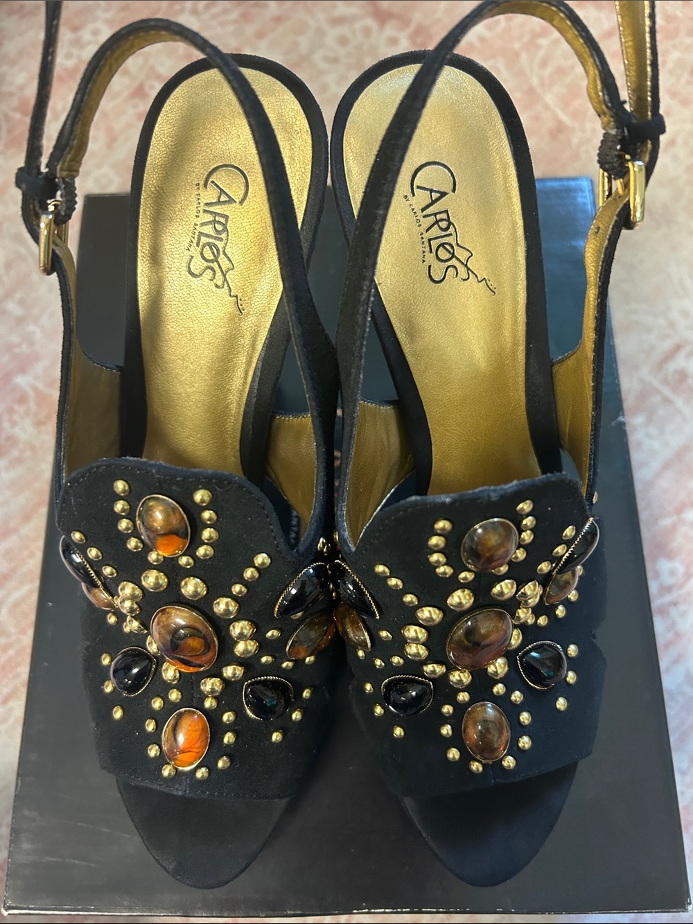 Carlos by Carlos Santana Black Slingback Heels with Amber & Black Gem Accents - Picture 5 of 5